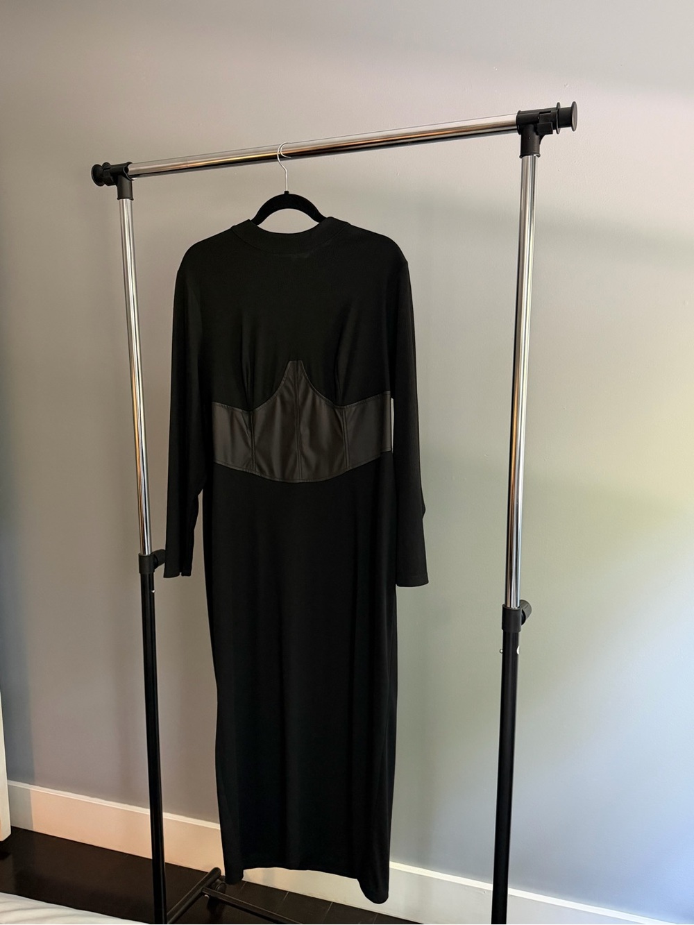 SHEIN Black Long Sleeve Midi Dress with Faux Leather Waist Panel